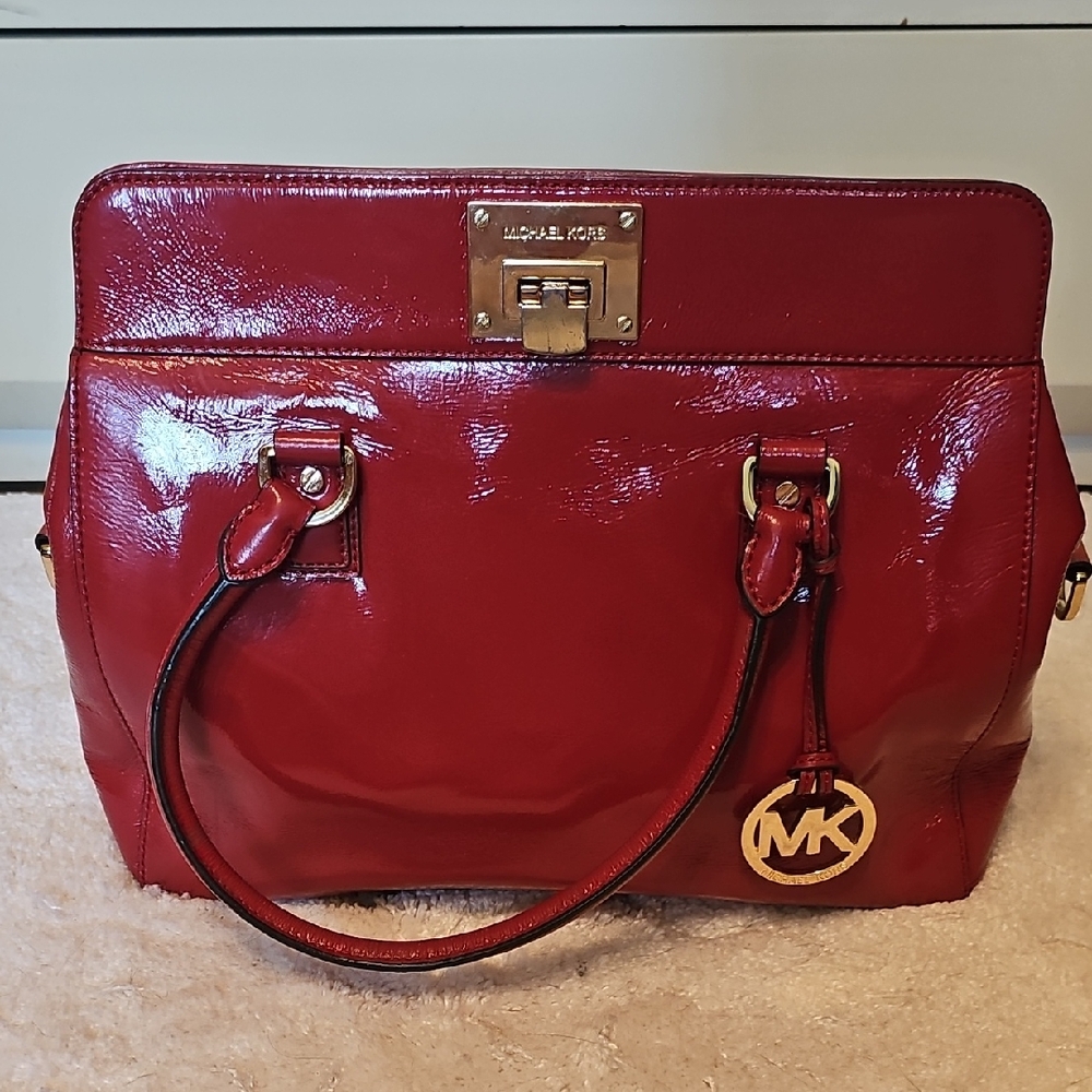 Vintage Michael Kors Astrid Large Red Patent Leather Satchel Tote Bag.